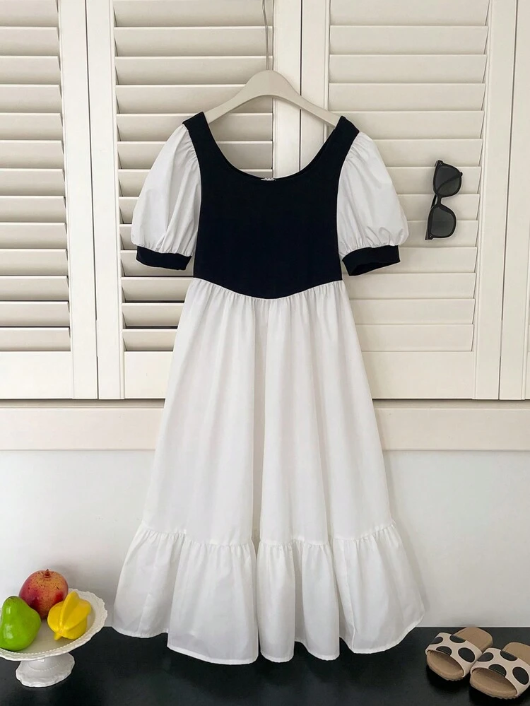 Tween Girl Loose Casual Color Block Bubble Sleeve Midi Dress