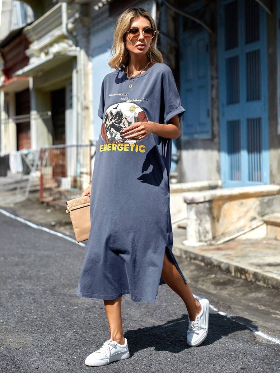 SHEIN LUNE Áo thun nữ in hình cánh dơi mùa hè có in khẩu hiệu - Màu xanh bụi bặm - Xem 1