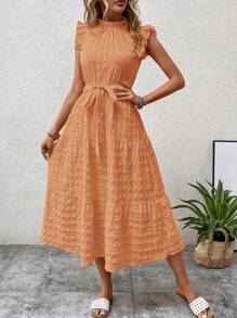 SHEIN LUNE Women Summer Solid Color Stand Collar Cap Sleeve Dress With Flounce Hem - Coral Orange - View 3