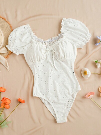 Soleia Women Summer Short Sleeve Bodysuit With Ruffle Hem, Tie Straps, And Bow Decorated