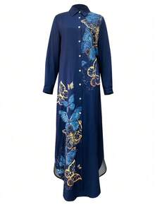 Women's Butterfly Print Button-Up Casual Long Shirt - Multicolor - View 4