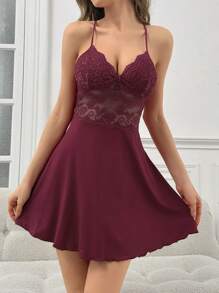 Women Solid Color Lace Patchwork Backless Halter Neck Nightgown With Ruffle Hem Robe Sleepwear Set Pajama Set