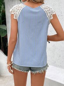 SHEIN Frenchy Women's Shoulder Lace Striped Patchwork Shirt - Blue and White - View 2