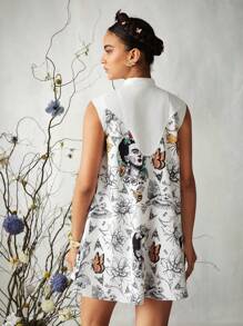 Frida Kahlo X SHEIN X Designer KATHARSIS Vestito a camicia con stampa di persone e fiori in stile boho bohémien oversize e a-line, casual e da vacanza, elegante estivo, adatto per festa, Ringraziamento, vacanze, festival