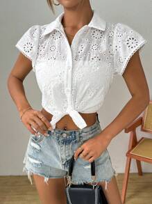 SHEIN Essnce Chemise décontractée blanche d"été pour femme, à manches courtes avec broderie ajourée, polyvalente - Blanc - Voir 1