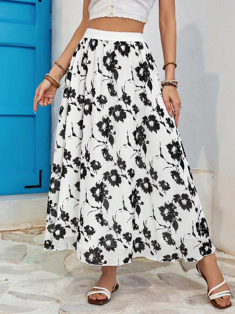 Resort-Inspired Woven Ink Floral Pattern High-Waisted Loose Long Skirt For Women