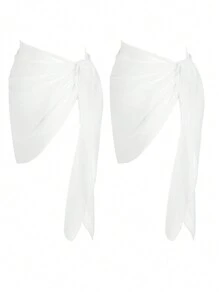 Swim Basics Asymmetrical Hem Sheer Lightweight Beach Cover-Up Skirt With Two Side Ties For Summer Holiday,Summer Beach - White - View 2