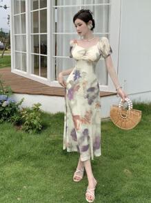 DAZY Women Short Sleeve Floral Printed Dress Sundress Vacation Outfits Women Easter - Green - View 1