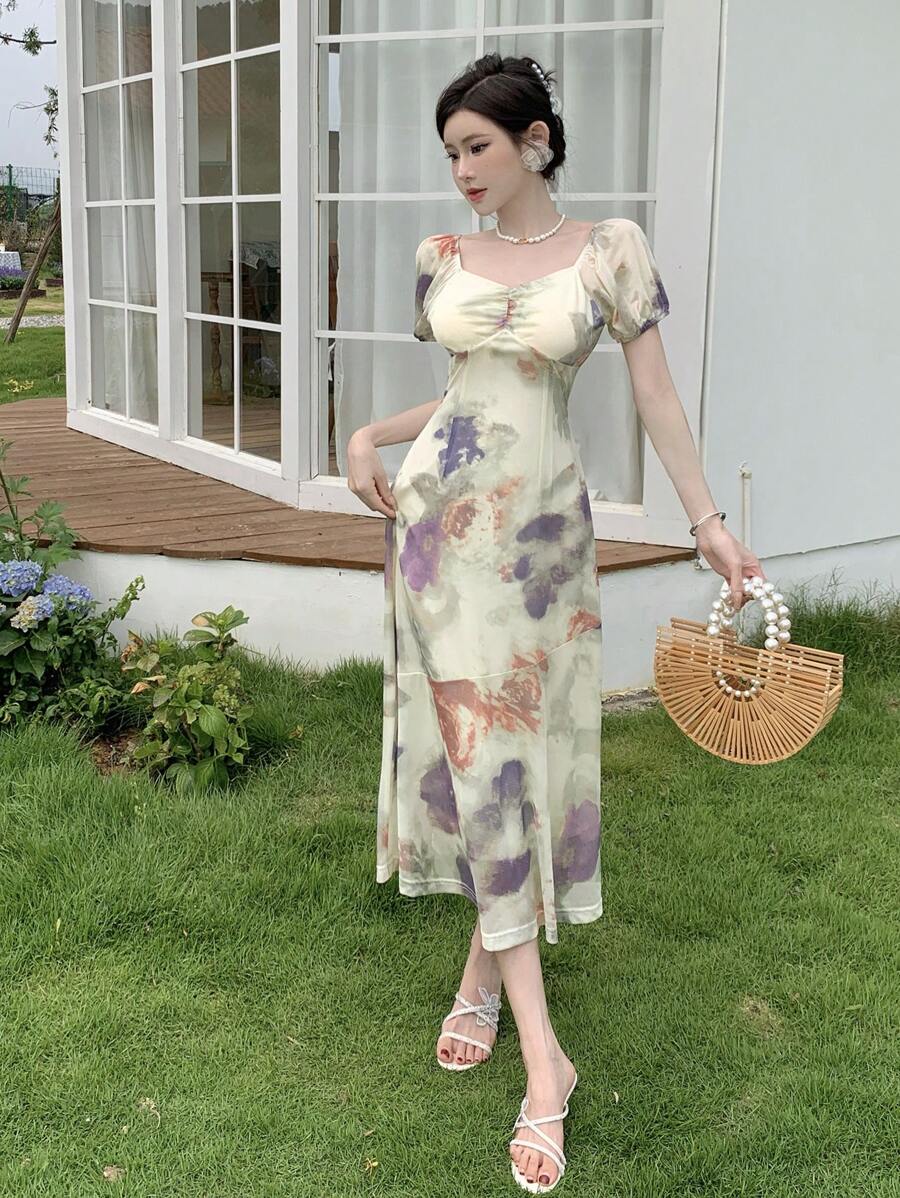 DAZY Women Short Sleeve Floral Printed Dress Sundress Vacation Outfits Women Easter - Green - View 1