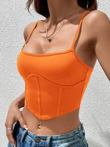 SHEIN EZwear Top de Cropped de Tricô Simples para Mulheres, para uso diário no verão - Laranja - Visão 4