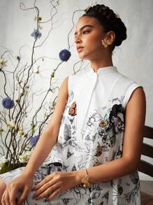 Frida Kahlo X SHEIN X Designer KATHARSIS Vestito a camicia con stampa di persone e fiori in stile boho bohémien oversize e a-line, casual e da vacanza, elegante estivo, adatto per festa, Ringraziamento, vacanze, festival