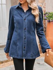 SHEIN LUNE Spring/Autumn Casual Bell Sleeve Denim Jacket Fall Cloth For Women - Dark Wash - View 4