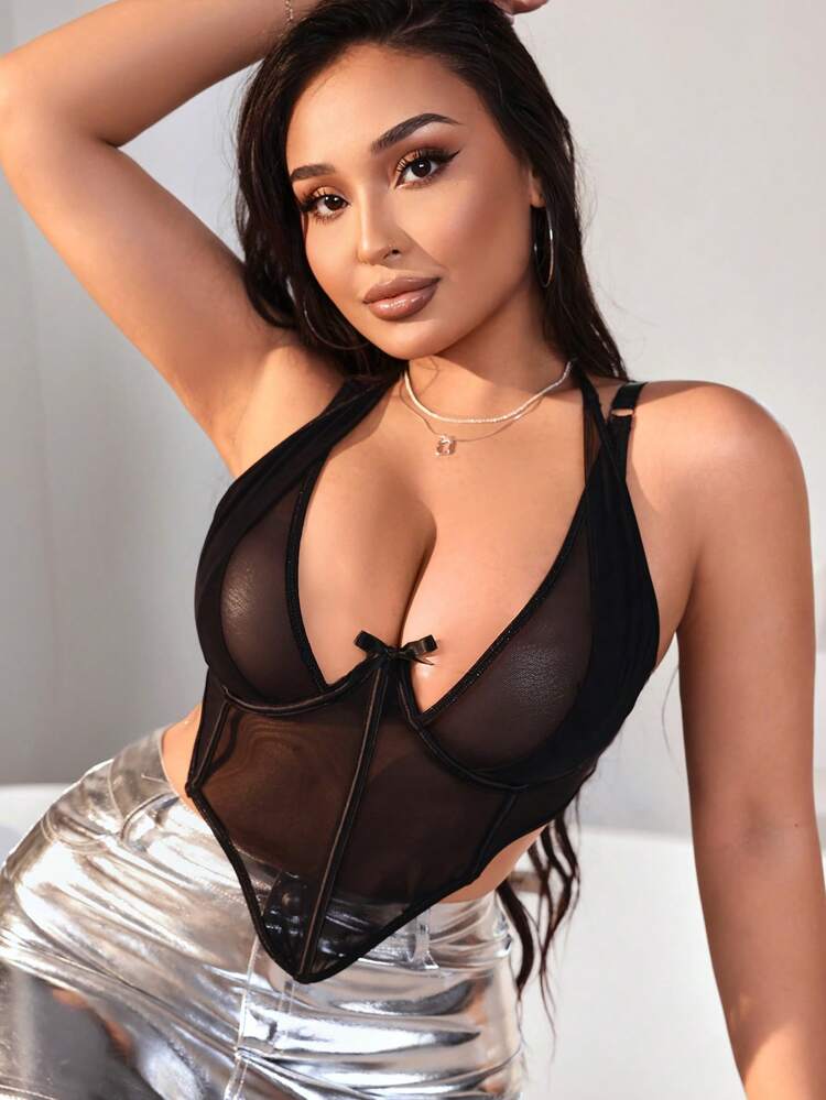 Plus Size Women Solid Color Mesh Asymmetrical Hem Bustier Bra, Lingerie