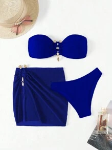 Swim Vcay Solid Color Two Pieces Bikini Set For Vacation, Summer Beach - Royal Blue - View 4