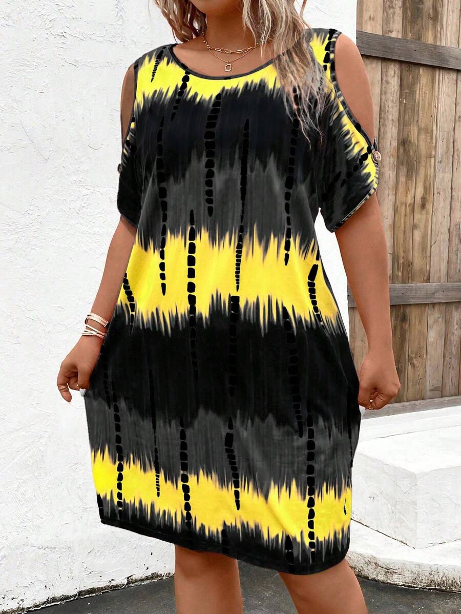 SHEIN Sukienka z odkrytymi ramionami w dużym rozmiarze, w stylu casual, z blokami kolorów i tie-dye, letnia