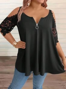 Celure T-shirt d"été grande taille à col rond large en dentelle unie