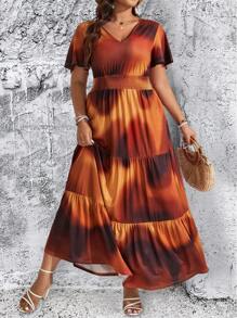 大碼女士印染連衣裙配腰帶 - 彩色 - 查看 1