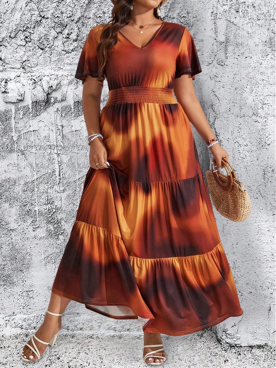 大碼女士印染連衣裙配腰帶 - 彩色 - 查看 1