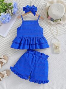 SHEIN Young Girls' Summer Solid Color Double-Layer Ruffle Hem Tank Top And Shorts Set With Hairband, Cute 2pcs/Set