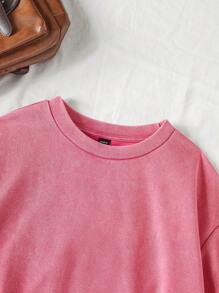 Comfortcana 情人节，加大码酸洗外观复古针织做旧宽松短袖 T 恤 - 玫紅色 - 查看 3