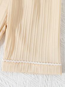 少女杏色簡約可翻領短袖上衣和短褲，休閒寬鬆2件套家居服裝組合