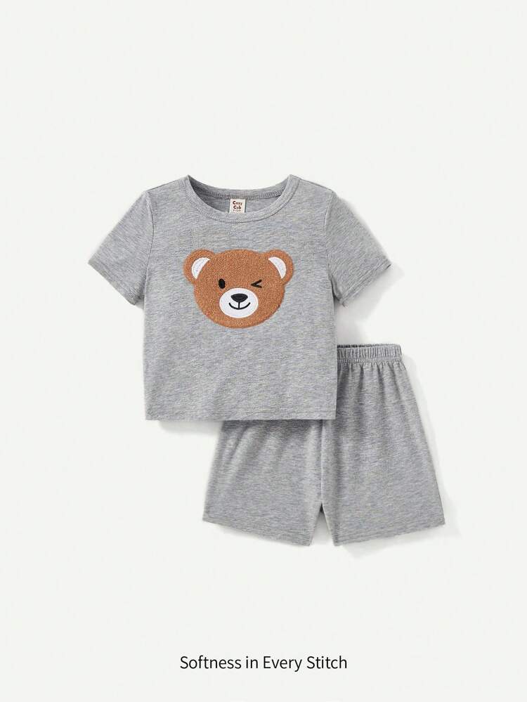 Baby Boys' Cute Bear Flocked Short Sleeve Top And Solid Color Shorts Set, Summer Matching Set