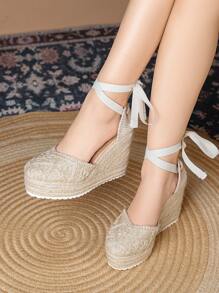 Nữ D"Orsay Dép Cao Gót Nêm, Dây Đeo Mắt Cá Chân Dệt Espadrille Flatform, Giày Đế Dày Thường Ngày Mùa Hè - Màu be - Xem 7