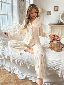 Women's Floral Print Pajama Set With Lace Trimmed Collar - Apricot - View 5