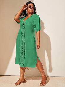 Swim Lushoire Summer Beach Plus Size Hollow-Out Beach Cover Up Dress, Vacation - Green - View 3