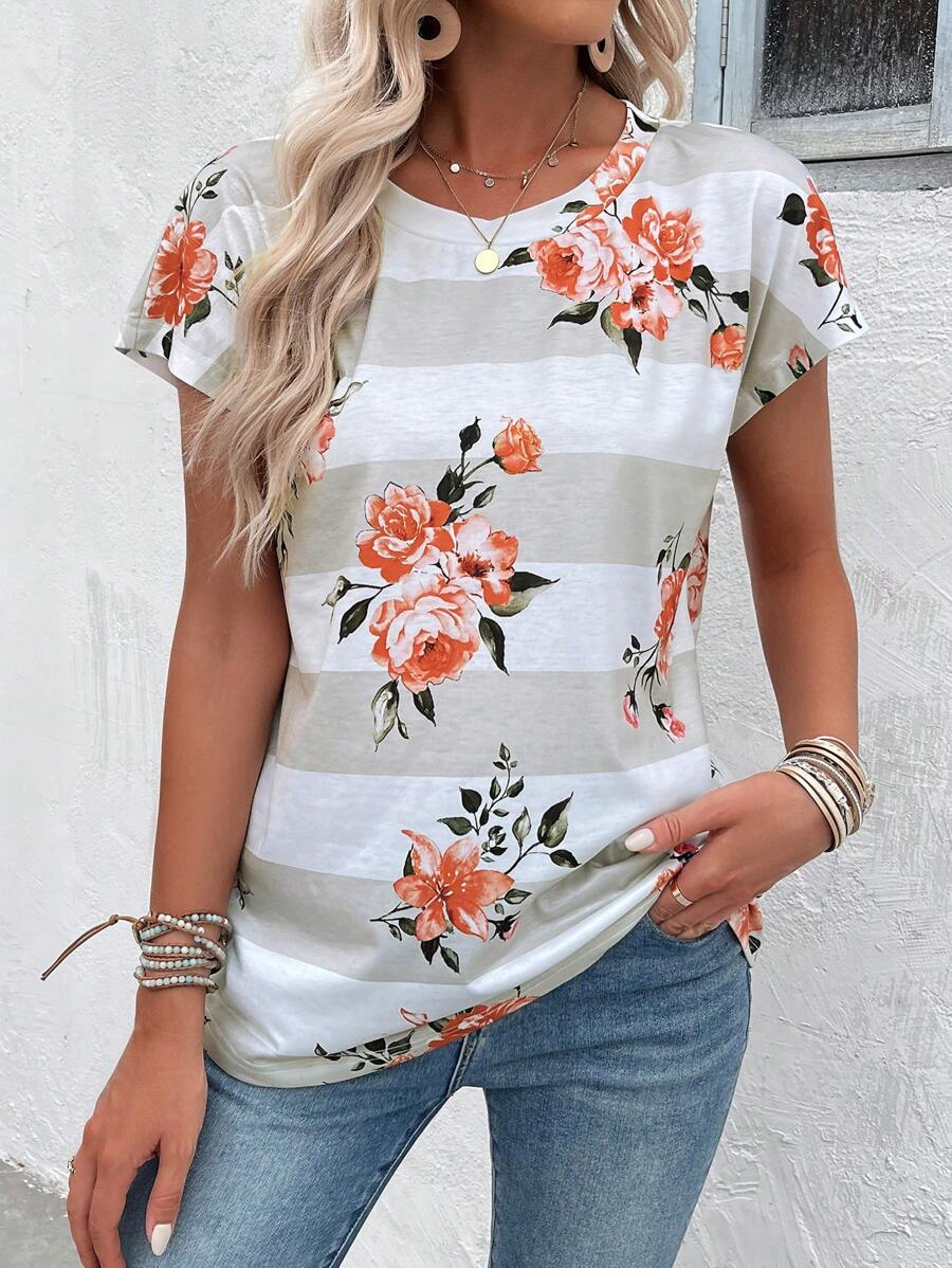 EMERY ROSE 女士夏季花紋條紋印花圓領短袖休閒T恤 - 灰色 - 查看 1