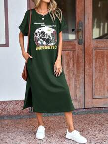 SHEIN LUNE 女性時尚風景印花短袖T恤裙 - 墨綠色 - 查看 1