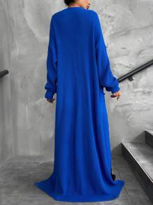 EURMUSE Long Loose Cardigan With Belt, Pocket Design And Solid Color - Blue - View 3