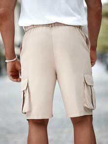 Manfinity CasualCool Men Mid-Waist Elastic Waist Tooling Cargo Shorts With Multi-Pocket Design, Casual Style - Khaki - View 2