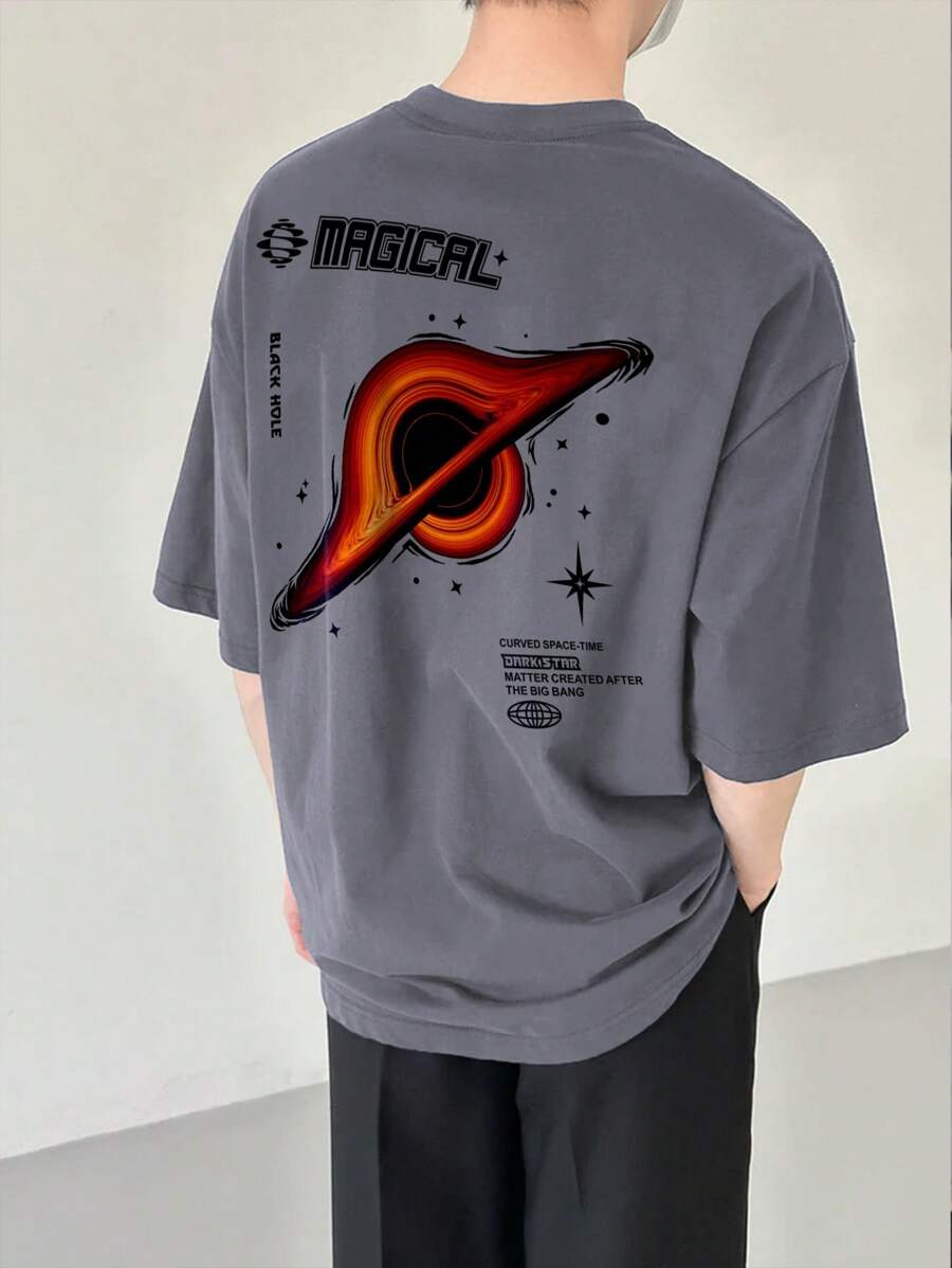 男士休闲圆领口号印花短袖 T 恤，夏季 - 灰色 - 查看 1