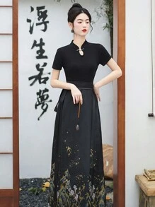 2024 New Summer Short Sleeve Knitted Top In New Chinese Style - Black - View 1