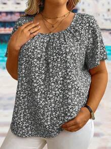 SHEIN LUNE 大碼女士花卉印花短袖圓領襯衫 - 黑色 - 查看 3