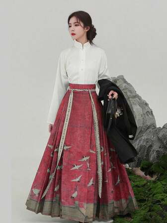 Green Crane Printed Chinese Painted Burgundy Horse-Face Skirt & Long Sleeve Stand Collar Shirt Traditional Hanfu Costume, Ming Dynasty Style