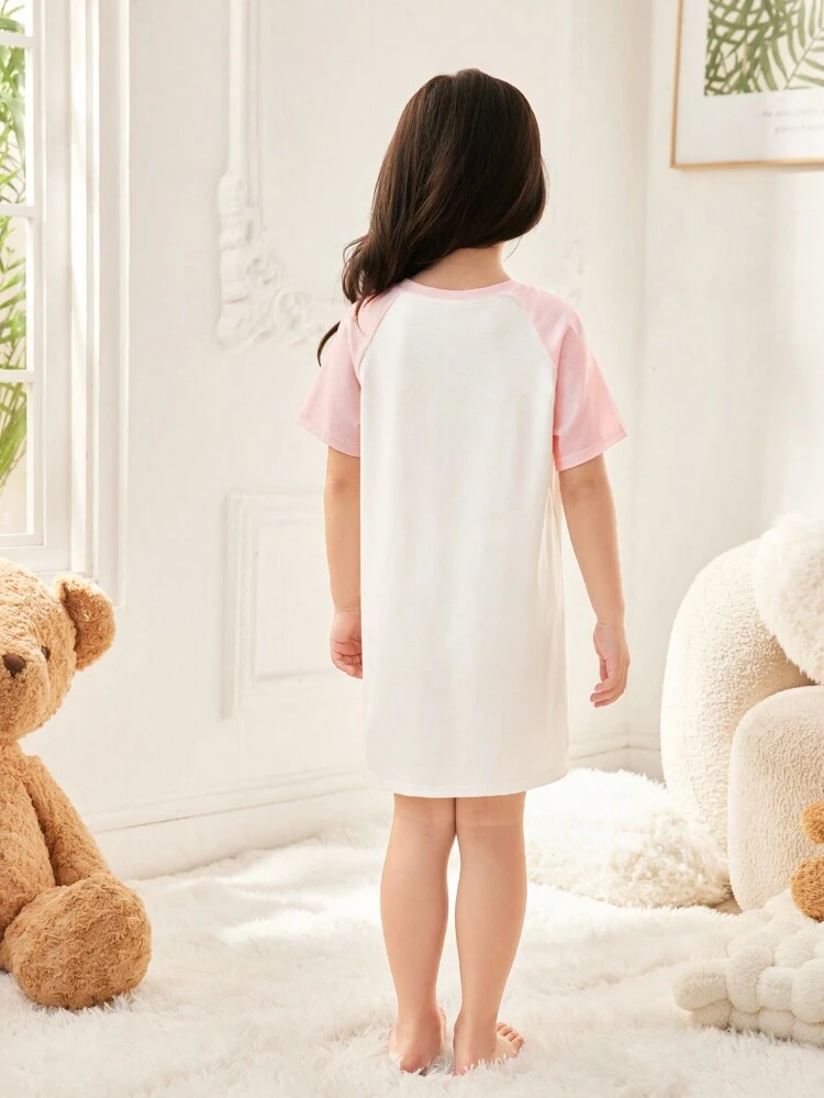 Young Girl Adorable Color-Block Rabbit Pattern Raglan Sleeve Knitted Homewear Sleep Dress