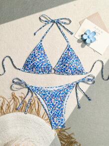 Swim Mod Conjunto de bikini de mujer con estampado floral cuello de halter sexy, estampado aleatorio, perfecto para vacaciones de verano - Multicolor - Ver 1