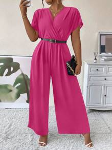SHEIN Unity Kích thước lớn Màu thuần Bọc Áo liền quần - Màu Hồng Tươi - Xem 5