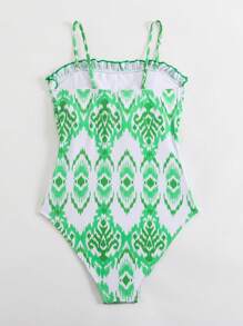 SHEIN Swim Summer Beach Women Holiday Random Printed Bandeau Tie-Dye One-Piece Swimsuit With Ruffles And Slim Fit - Green - View 2