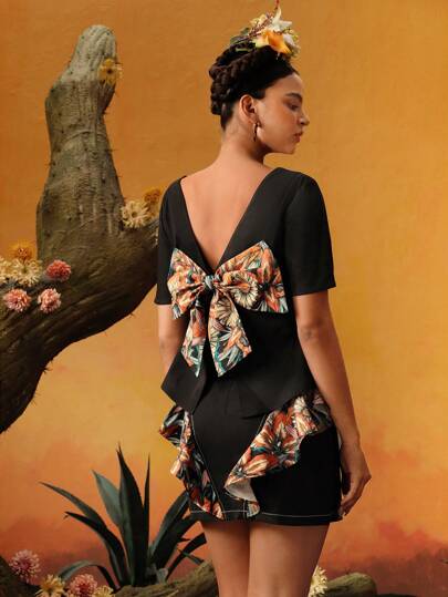 KATHARSIS Frida Kahlo X SHEIN X Designer 女士商务休闲撞色植物印花大蝴蝶结后背开衩袖衬衫，适合夏季、节日、感恩节、度假、节日、办公室