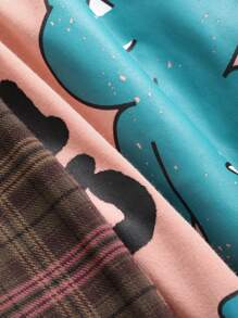 DAZY Cute Little Monster Pattern Round Neck Top And Plaid Pants Pajama Set - Coral Pink - View 9