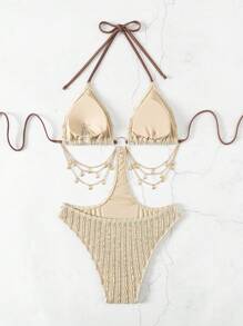 Slaydiva Women Neck Chain Beach Holiday Swimwear Monokini Summer - Khaki - View 5