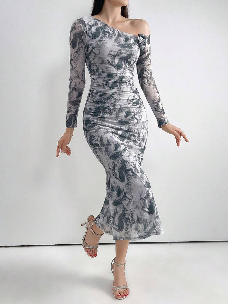 Women Spring Fashionable Tie-Dye Asymmetric Neckline Pleated Bodycon Dress With Mermaid Hem