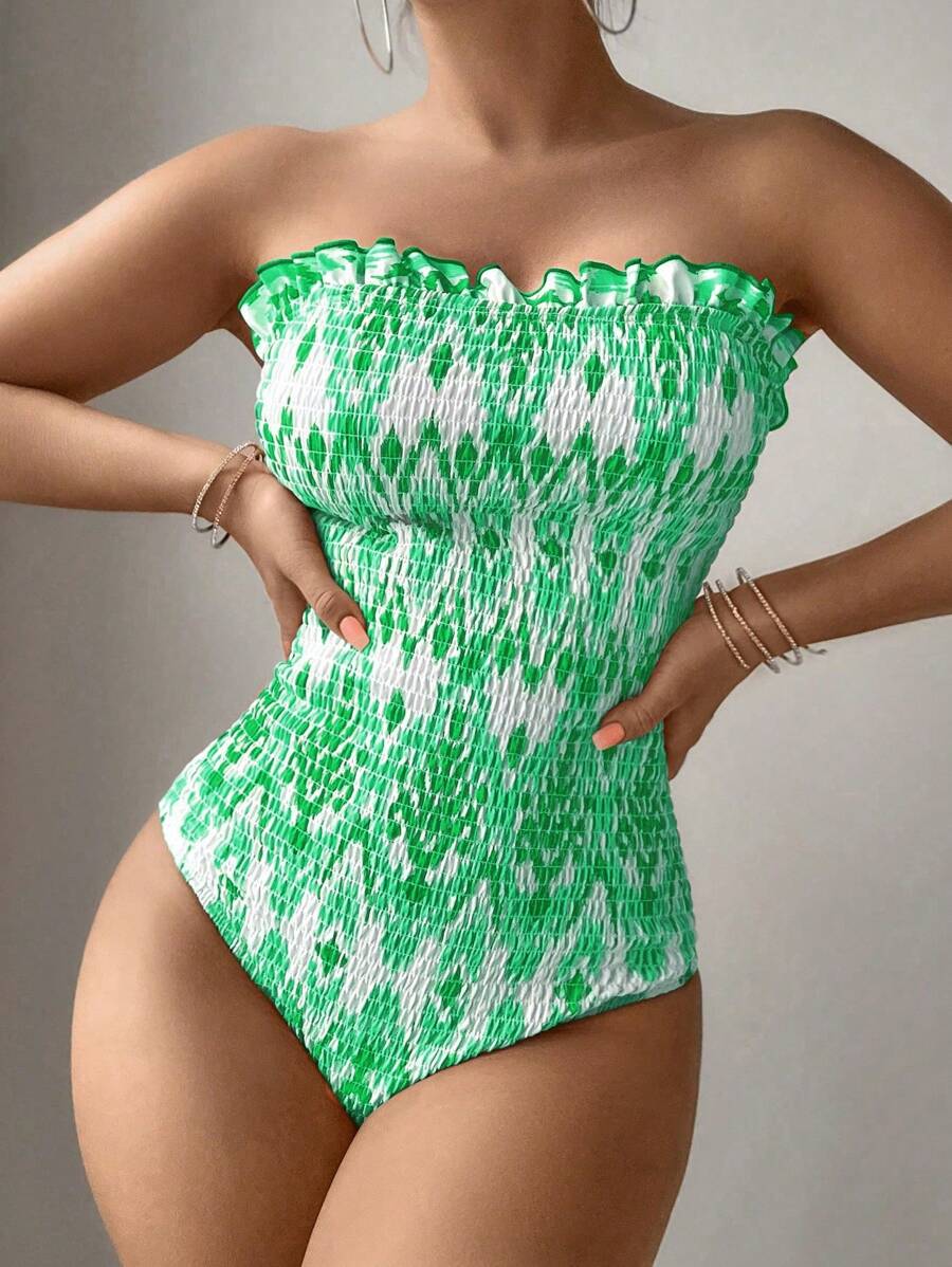SHEIN Swim Summer Beach Women Holiday Random Printed Bandeau Tie-Dye One-Piece Swimsuit With Ruffles And Slim Fit - Green - View 1