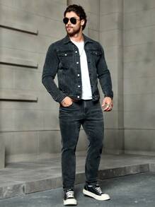 Manfinity Homme Men's Light Grey Denim Jacket And Jeans Casual Two-Piece Set - Light Grey - View 4