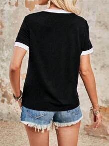 EMERY ROSE Women's Fashion Black Short Sleeve T-Shirt With White Edge Graphic Tees Women Tops