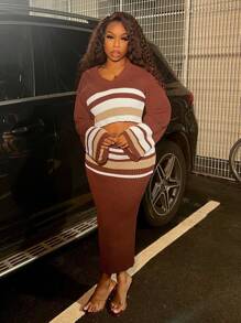 Slaydiva Women Color Block Striped Sweater And Skirt Two-Piece Set - Khaki - View 4