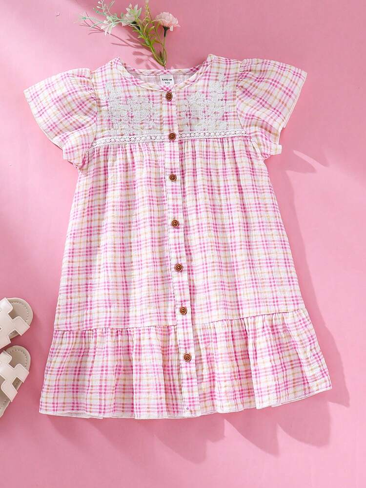 Young Girl Rural Style Plaid Print Embroidery Front Button Flounce Sleeve Dress